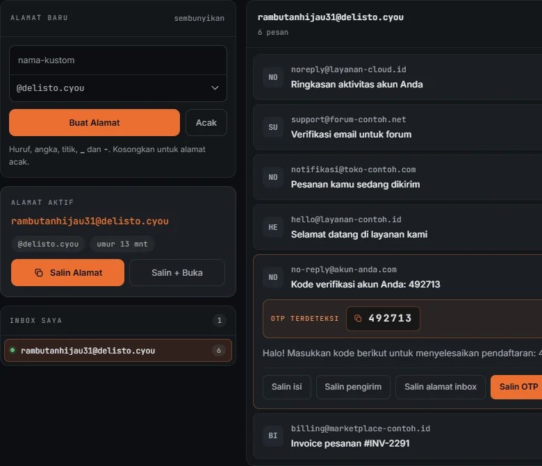 Free Delisto Mail console: an active address card, inbox list and an opened verification email with the detected OTP code