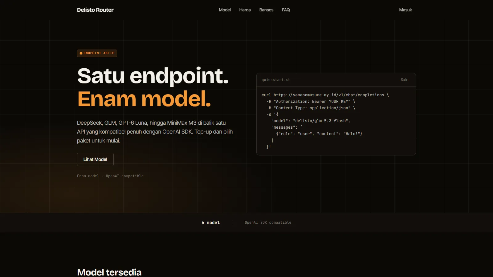 Delisto Router landing page — one endpoint in front of six frontier models, priced in rupiah