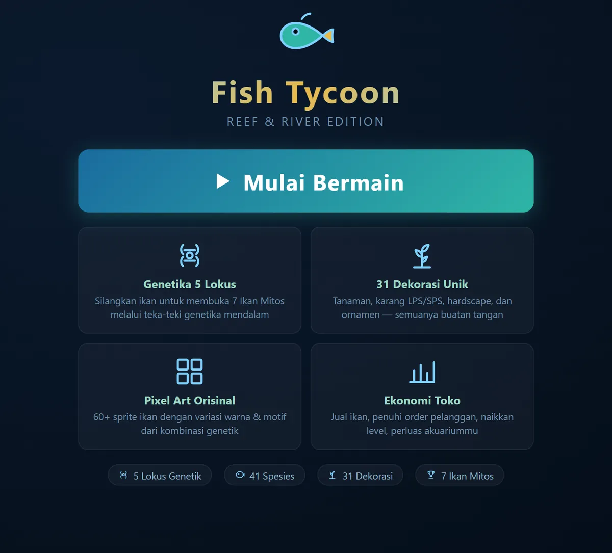 Fish Tycoon main menu: title, Start Playing button and feature cards