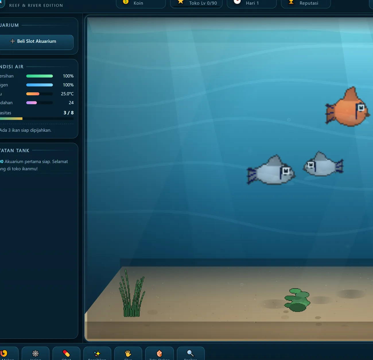 Fish Tycoon aquarium gameplay: fish swimming, water stats and toolbar