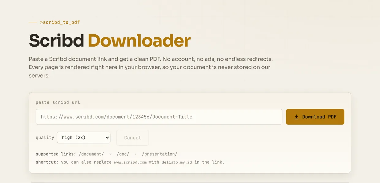 Scribd Downloader page with a URL field, quality selector and Download PDF button